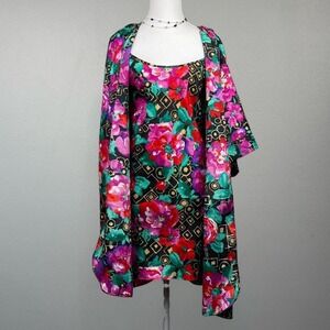 VTG 90s Floral Sleepwear Set Robe Slip Dress Retro Women's Medium Lounge Bold